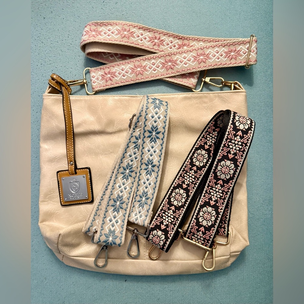 NEW Ivory Bag w/3 matching embroidered straps